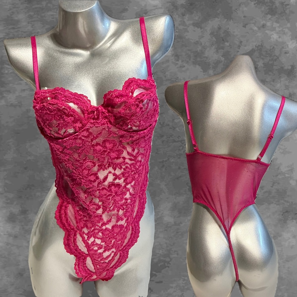 Raspberry lace lingerie teddy teddie one piece thong g-string sexy daring‎ pink